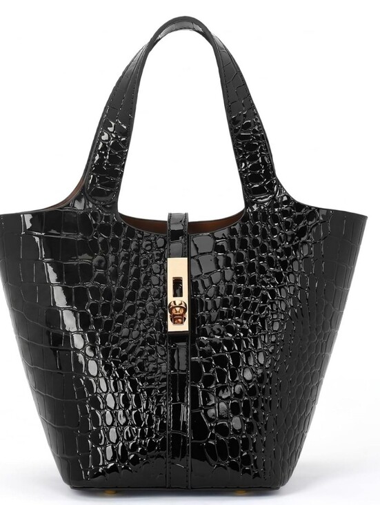 The Unbranded Brand Handbags - 1 Left! Black Croc-Embossed Vegan Leather Bucket Top Handle Handbag